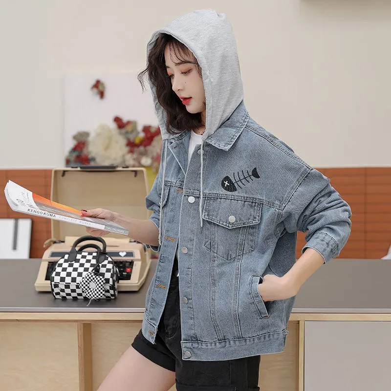 Versatile Embroidery Hooded Loose Fit Denim Jacket