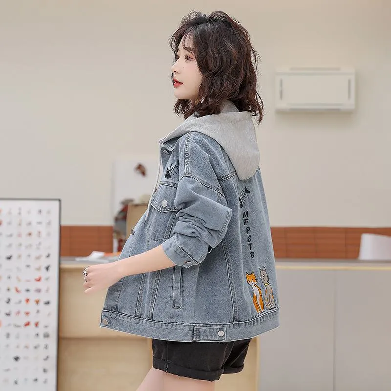 Versatile Embroidery Hooded Loose Fit Denim Jacket