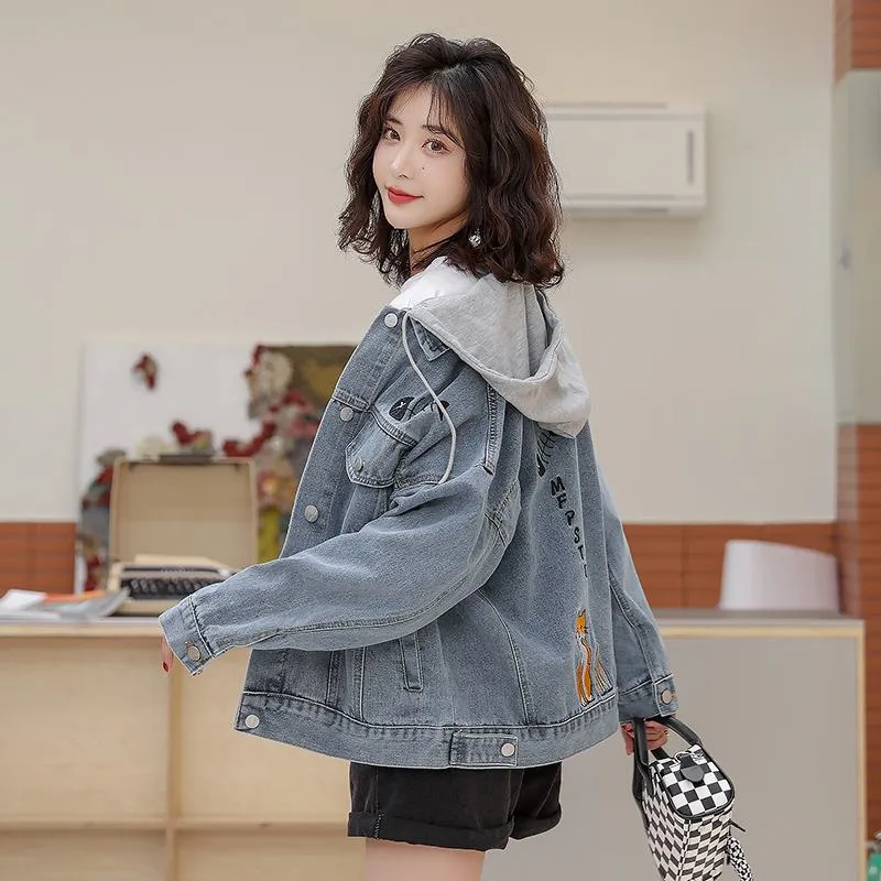 Versatile Embroidery Hooded Loose Fit Denim Jacket