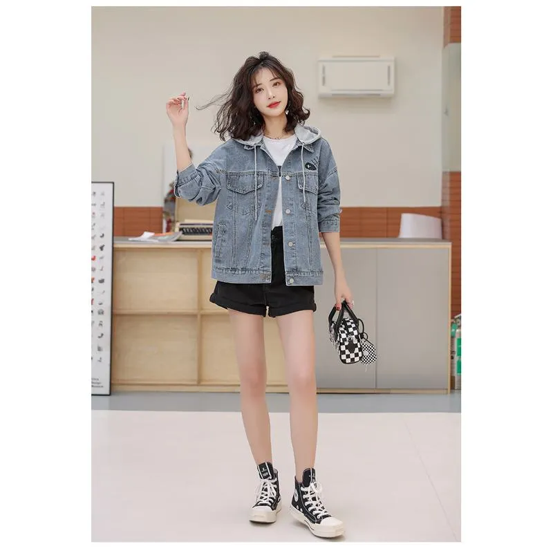 Versatile Embroidery Hooded Loose Fit Denim Jacket