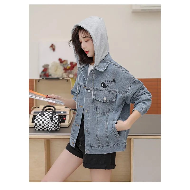 Versatile Embroidery Hooded Loose Fit Denim Jacket