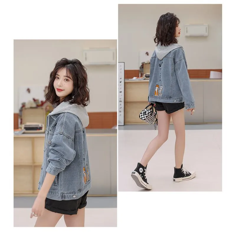 Versatile Embroidery Hooded Loose Fit Denim Jacket