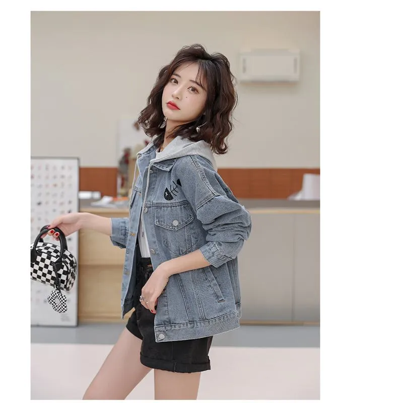 Versatile Embroidery Hooded Loose Fit Denim Jacket