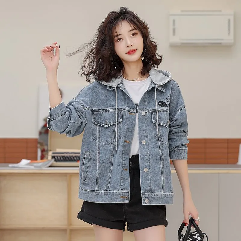 Versatile Embroidery Hooded Loose Fit Denim Jacket