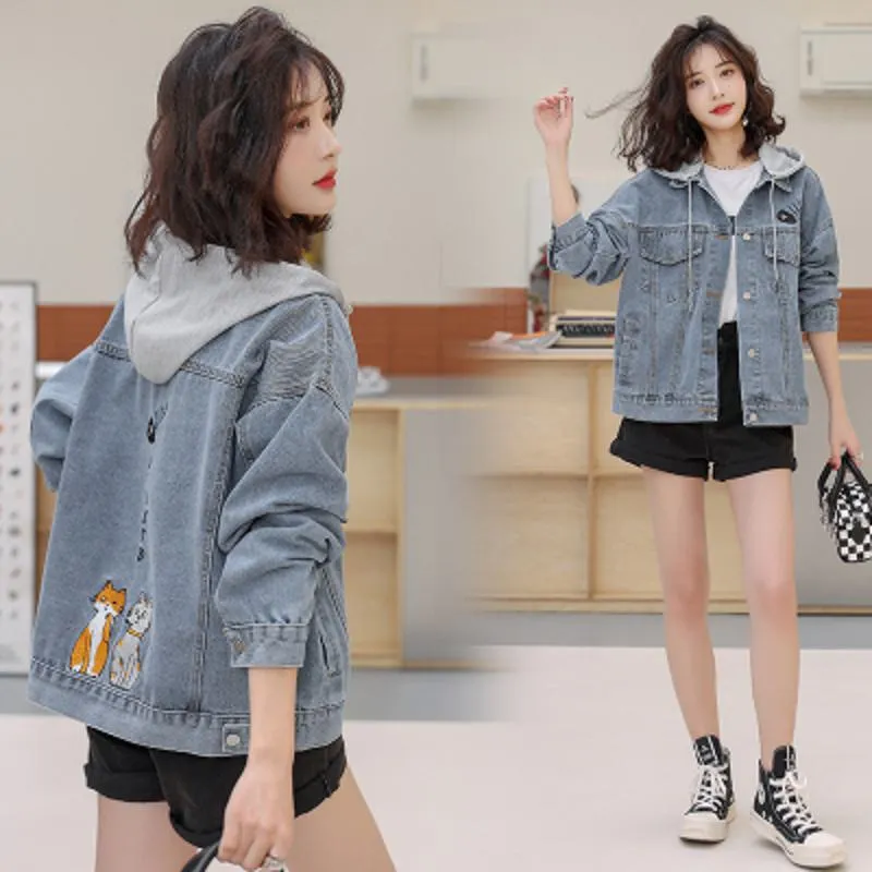 Versatile Embroidery Hooded Loose Fit Denim Jacket