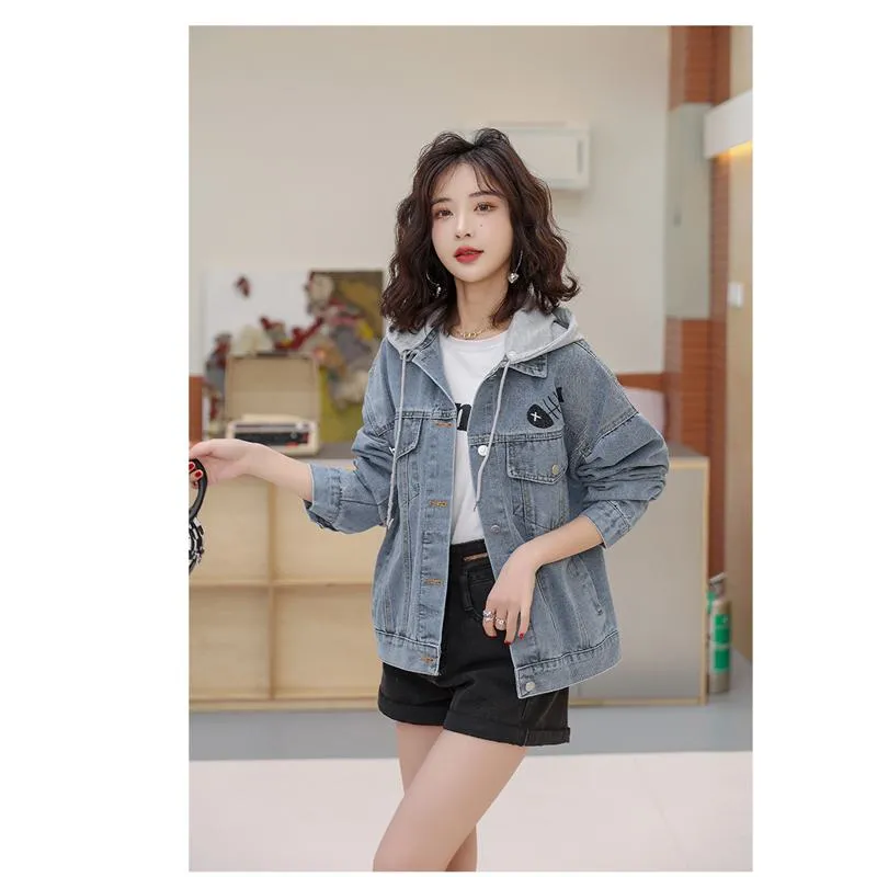 Versatile Embroidery Hooded Loose Fit Denim Jacket