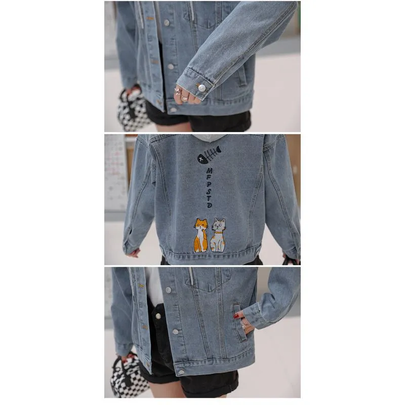 Versatile Embroidery Hooded Loose Fit Denim Jacket