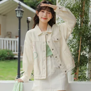 Versatile Retro Lapel Collar Embroidery Loose Fit Denim Jacket