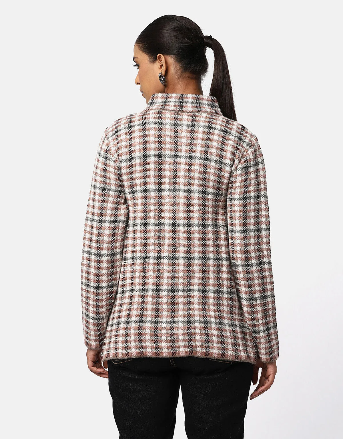 Women Knitted Checkered Short Coat