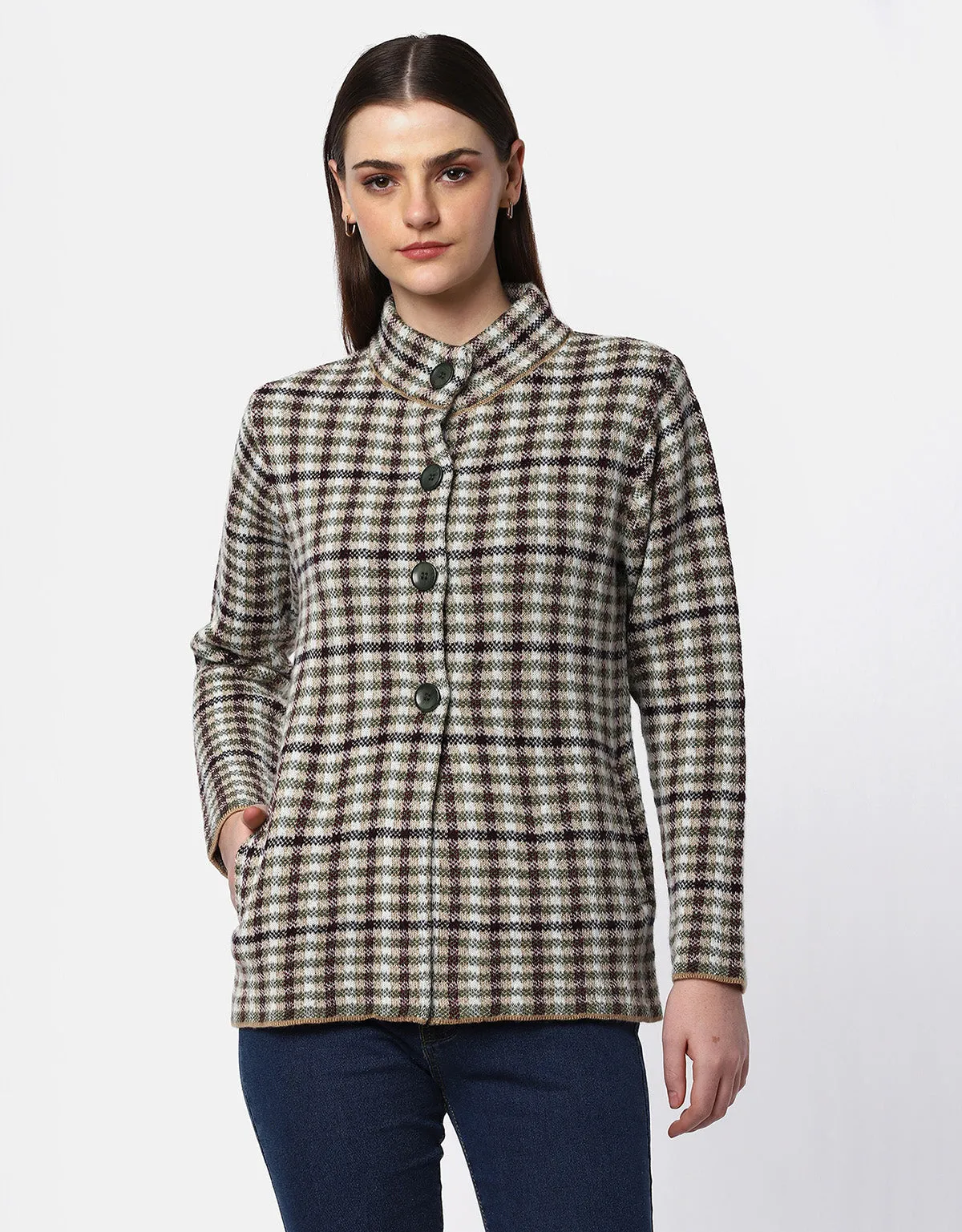 Women Knitted Checkered Short Coat