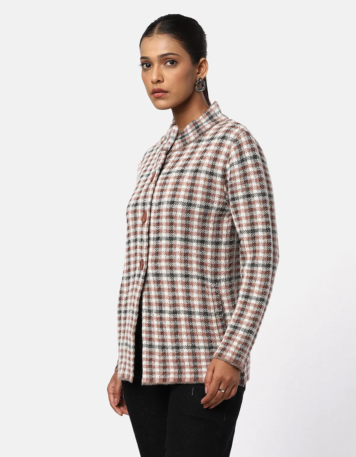 Women Knitted Checkered Short Coat