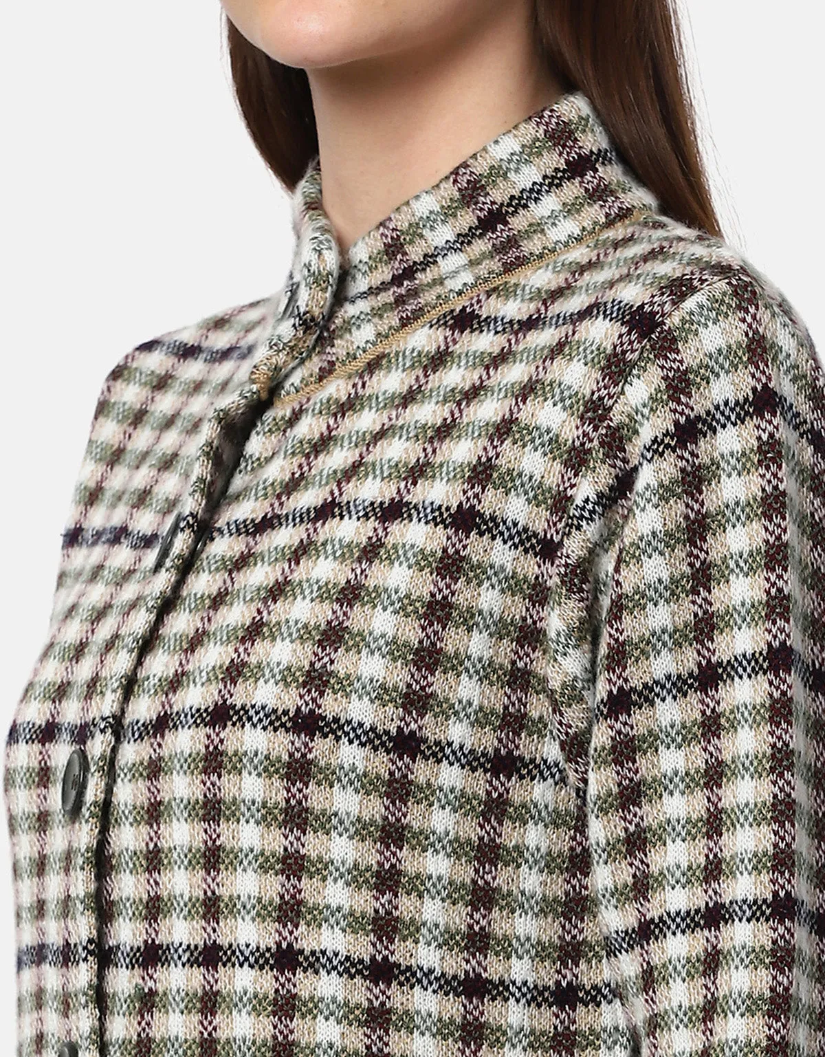 Women Knitted Checkered Short Coat