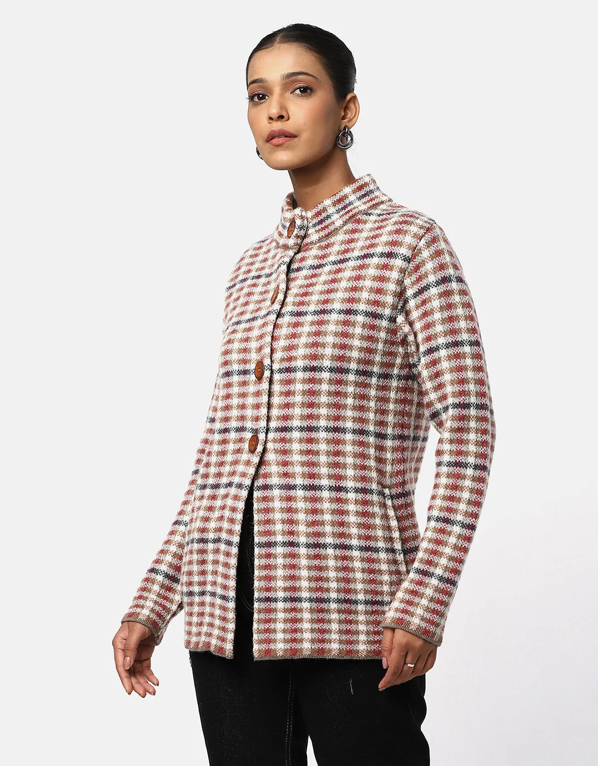 Women Knitted Checkered Short Coat