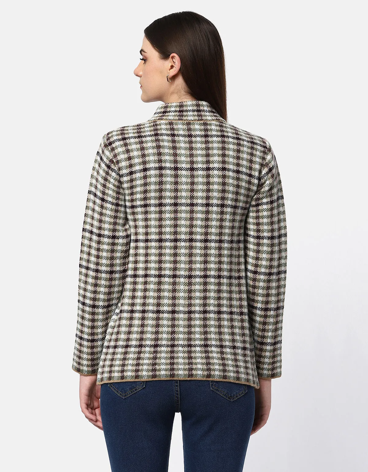 Women Knitted Checkered Short Coat