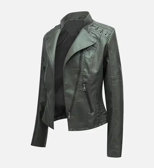 Women’s Army Green Leather Moto Jacket