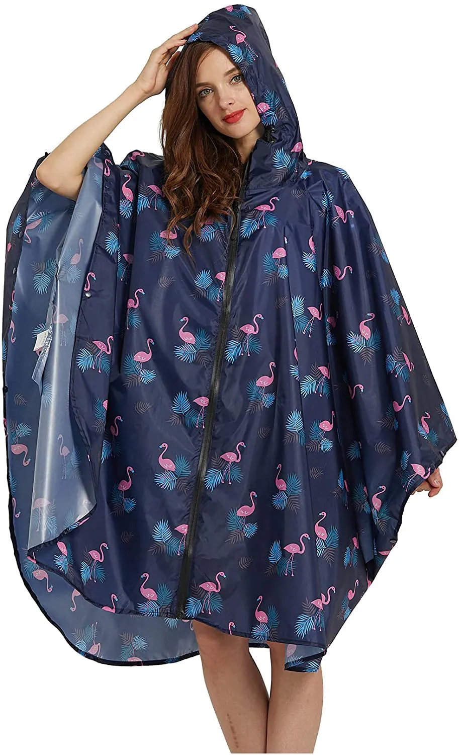 Womens Rain Poncho Stylish Polyester Waterproof Raincoat Free Size with Hood Zipper Styles