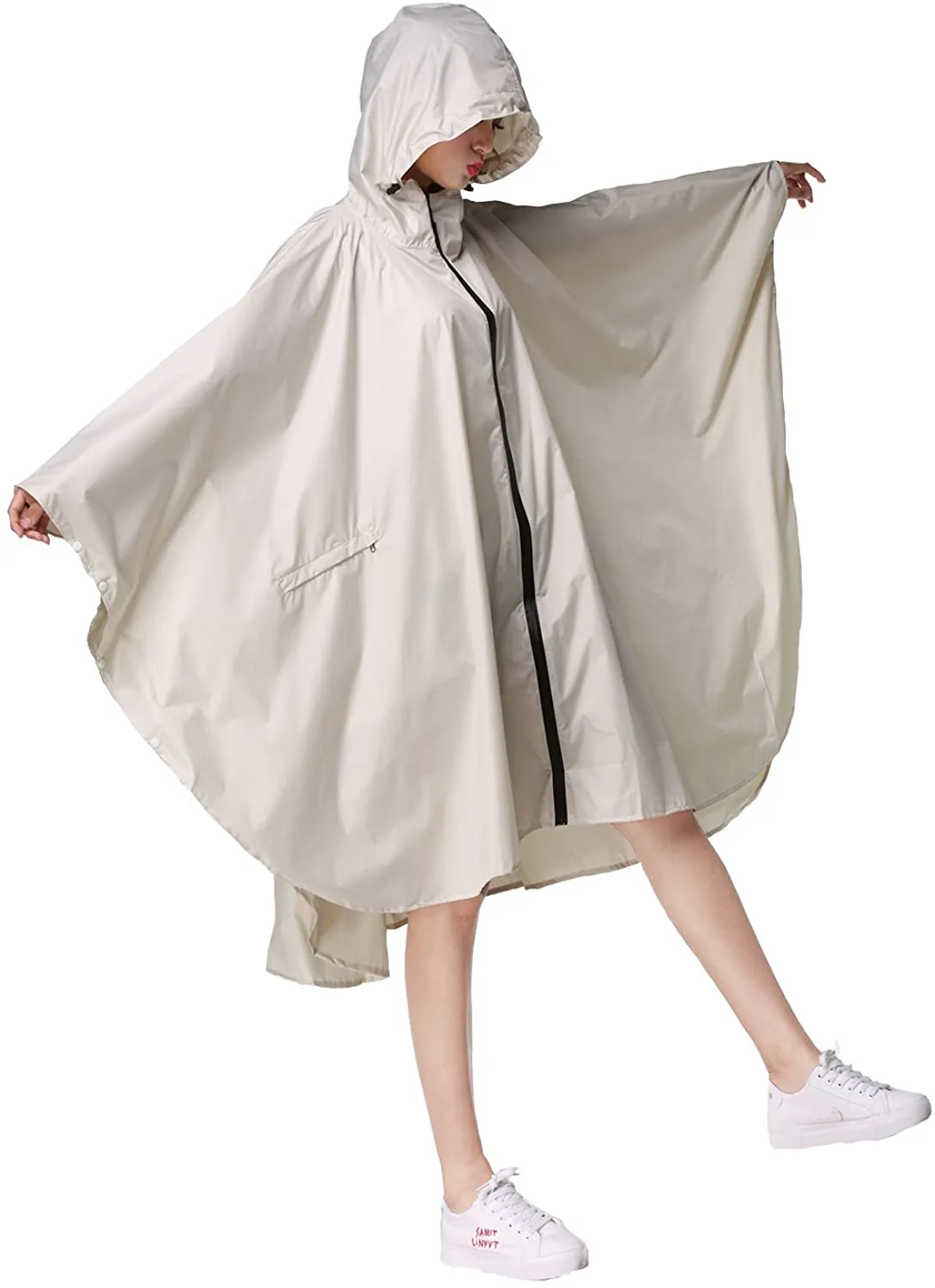 Womens Rain Poncho Stylish Polyester Waterproof Raincoat Free Size with Hood Zipper Styles