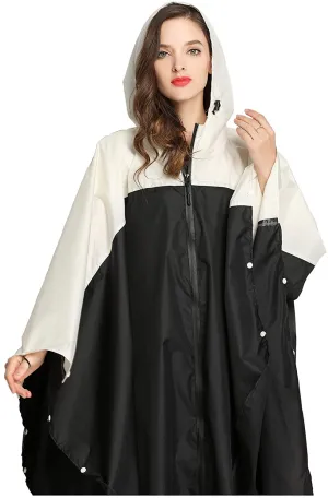 Womens Rain Poncho Stylish Polyester Waterproof Raincoat Free Size with Hood Zipper Styles