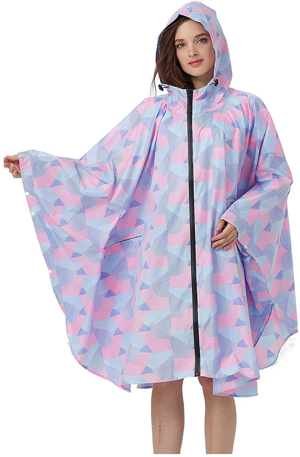 Womens Rain Poncho Stylish Polyester Waterproof Raincoat Free Size with Hood Zipper Styles