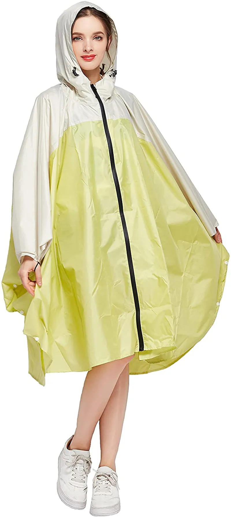 Womens Rain Poncho Stylish Polyester Waterproof Raincoat Free Size with Hood Zipper Styles